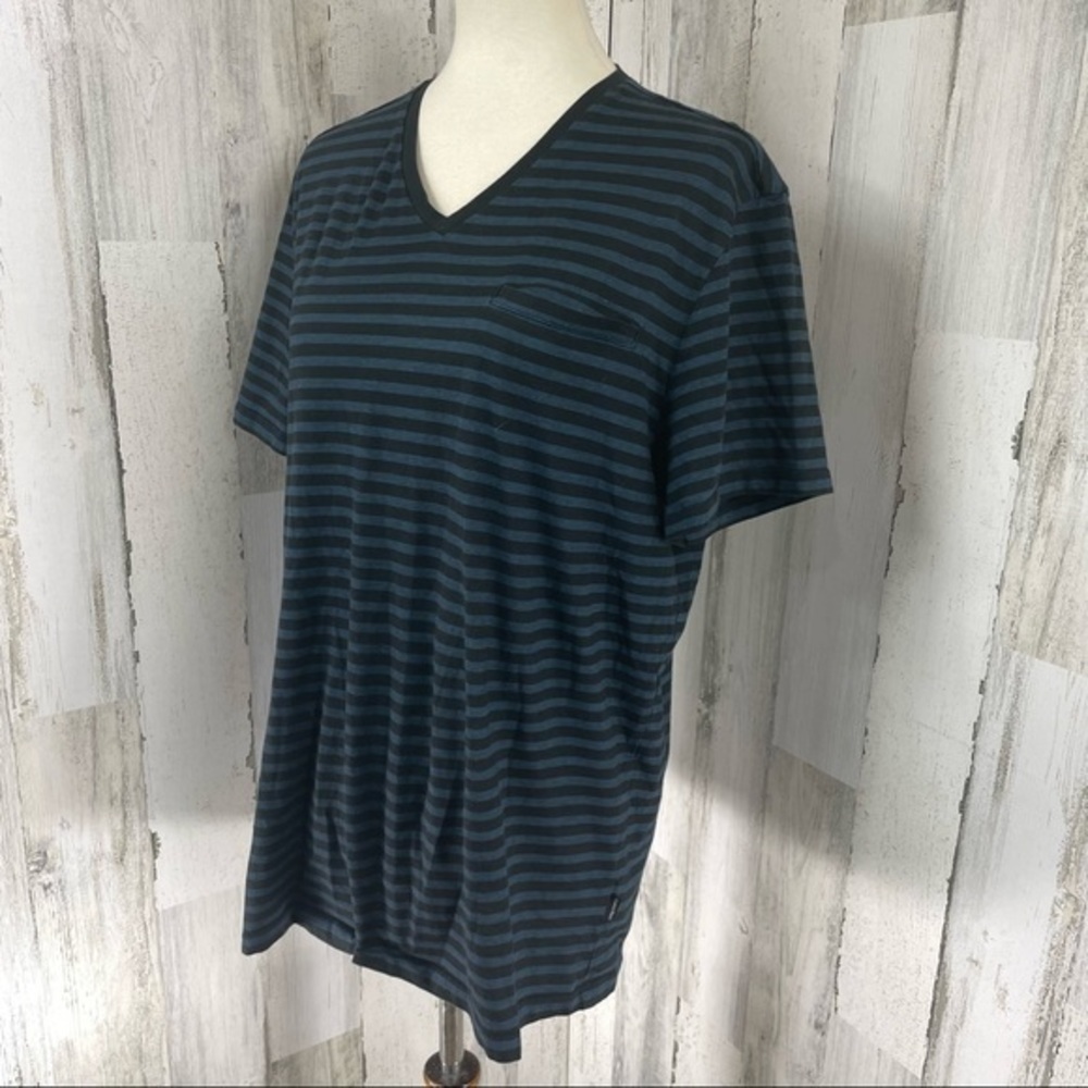 Calvin Klein‎ Men's Blue Black Stripe Short Sleeve V Neck Shirt Top Sz L